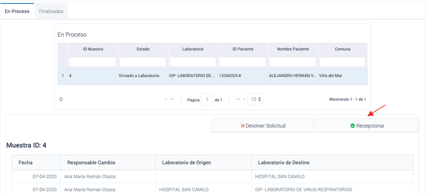 Proceso de recepción de muestras